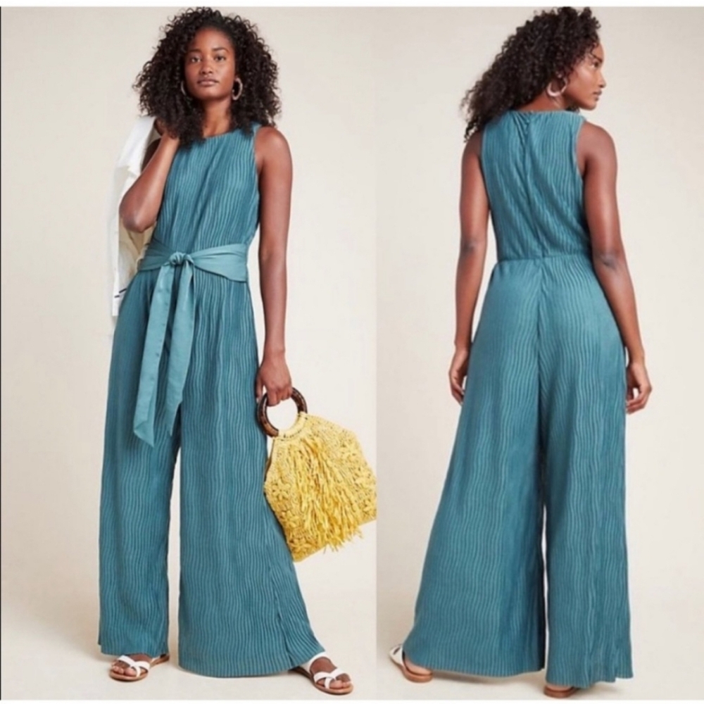 Anthropologie Green Pleated Tie Waist Jumpsuit